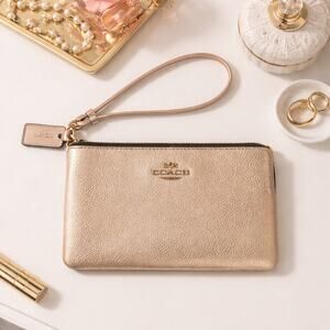 Coach Gold Metallic Leather Corner Zip Wristlet Rose Gold